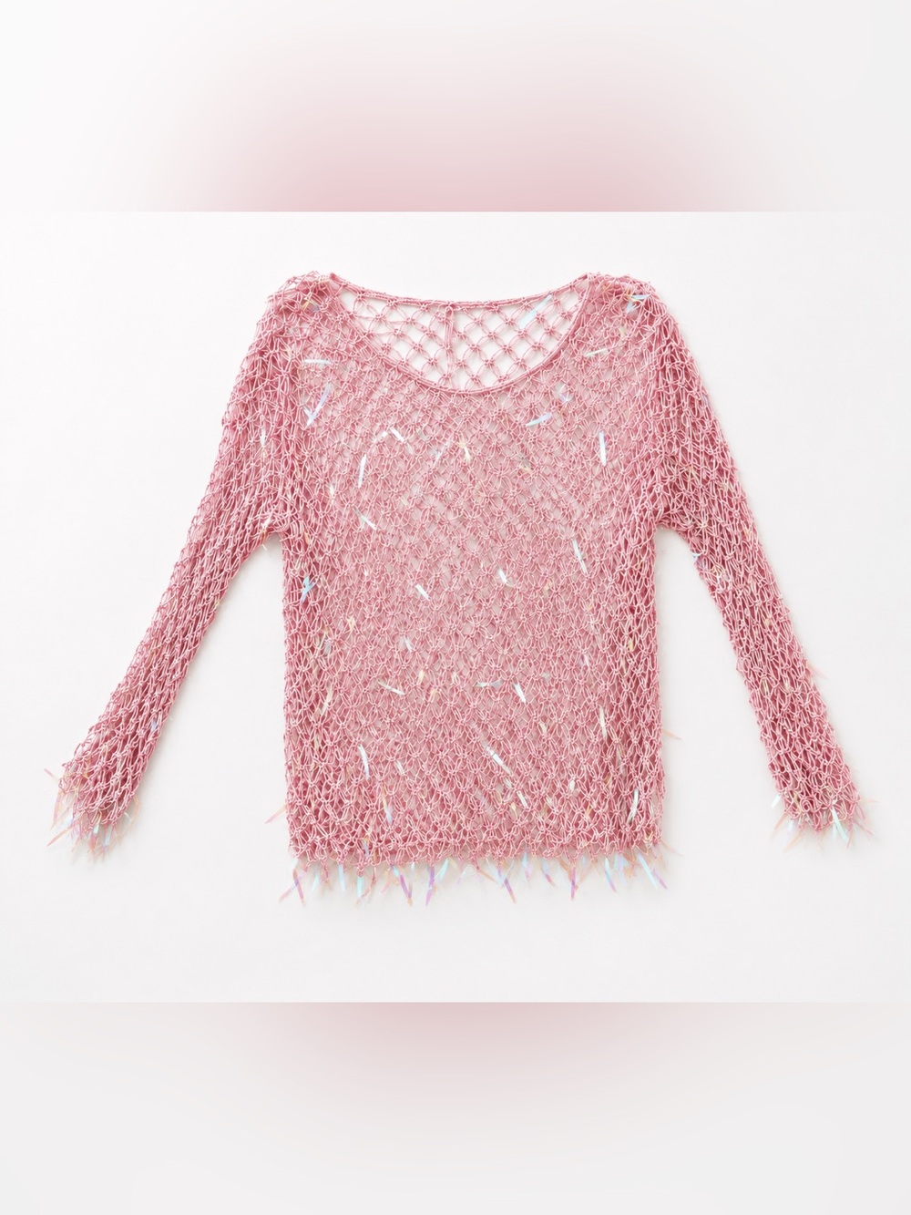 Y2K Fairycore Pink Crochet Mesh Sequin Top Sheer Fishnet Knit Festival Boho